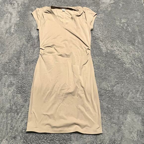 Athleta Effortless Knit Tee Dress Womens Small Tan V Neck Short Sleeve Ruched - Picture 1 of 9